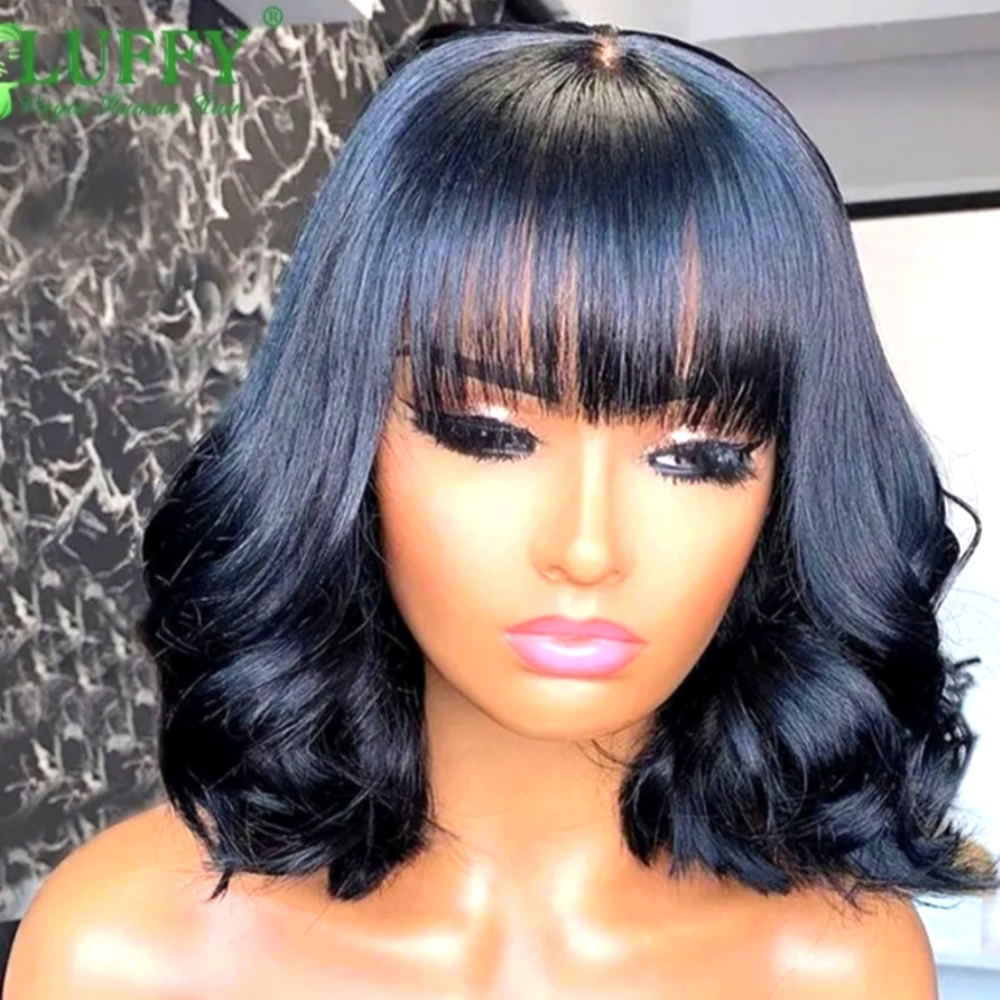 Short Wave Bob Wigs With Bangs 100% Human Hair Glueless Full Machine Made Wigs M